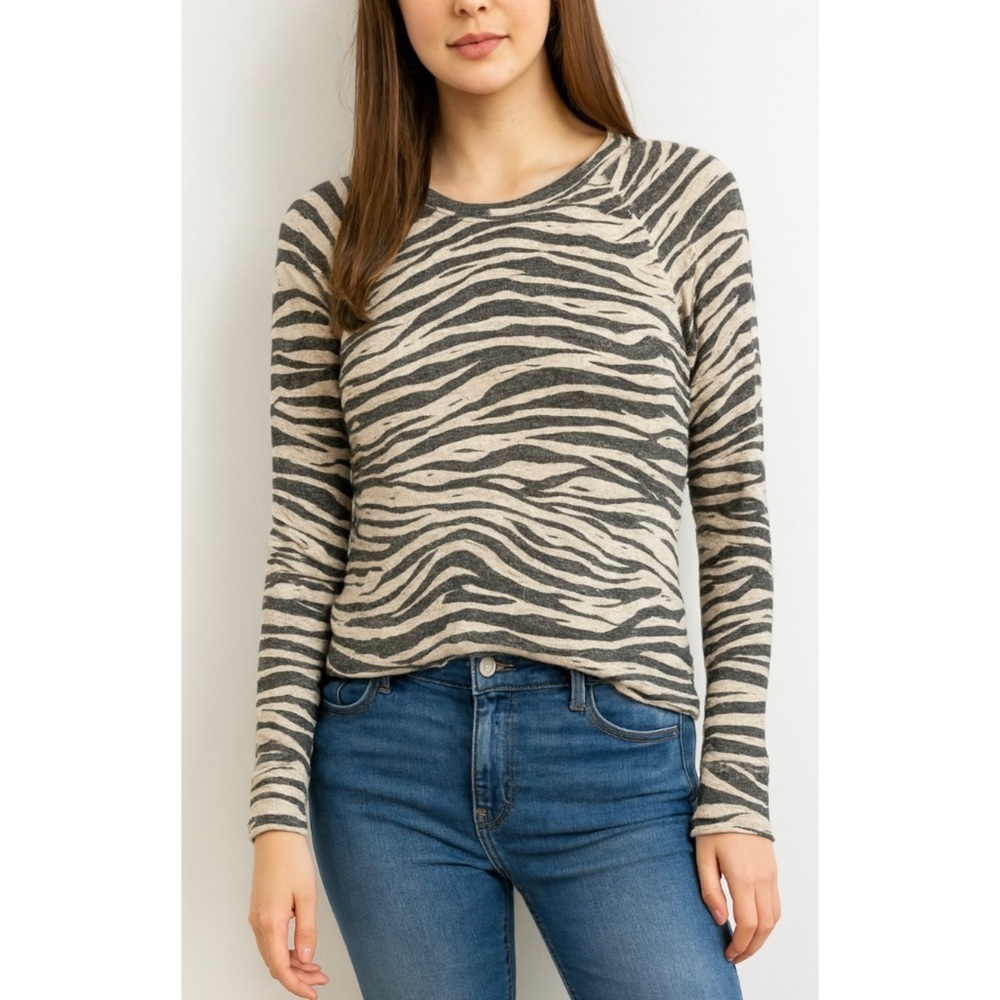 LNA Black and Tan Zebra Animal Print Textured‎ Pullover Top Sz. Small